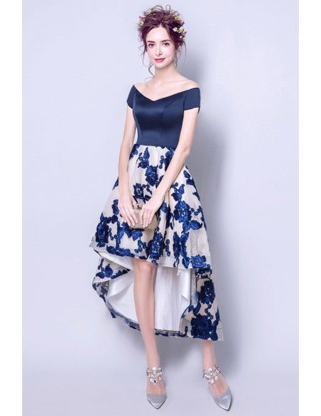 [$98.99] Gorgeous Blue Off Shoulder High Low Party Dress With Flowers