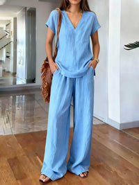 Klarisa Casual V-Neck Linen Two-Piece Set