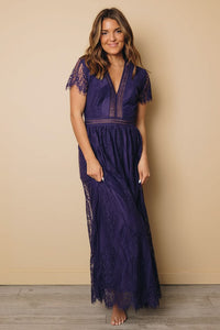Lace Flutter Sleeve V Neck Maxi Dress Blue