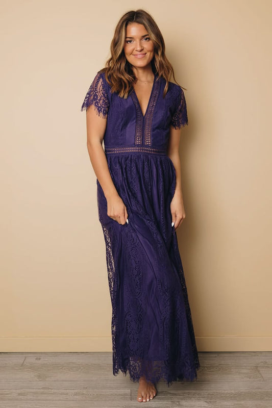 Lace Flutter Sleeve V Neck Maxi Dress Blue