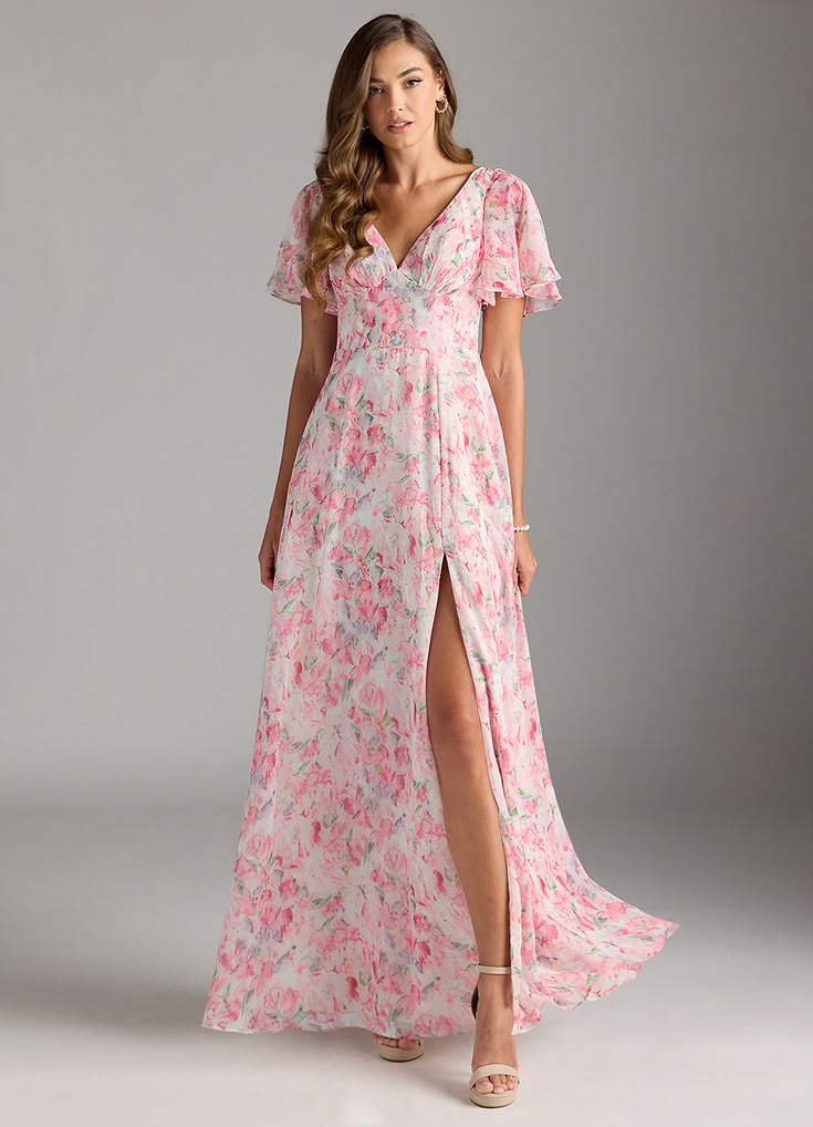 A Line V Neck Floor Length Chiffon Bridesmaid Dress Abstract