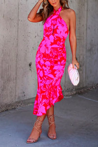 Margovil Cross Halter Backless Printed Irregular Ruffle Dress