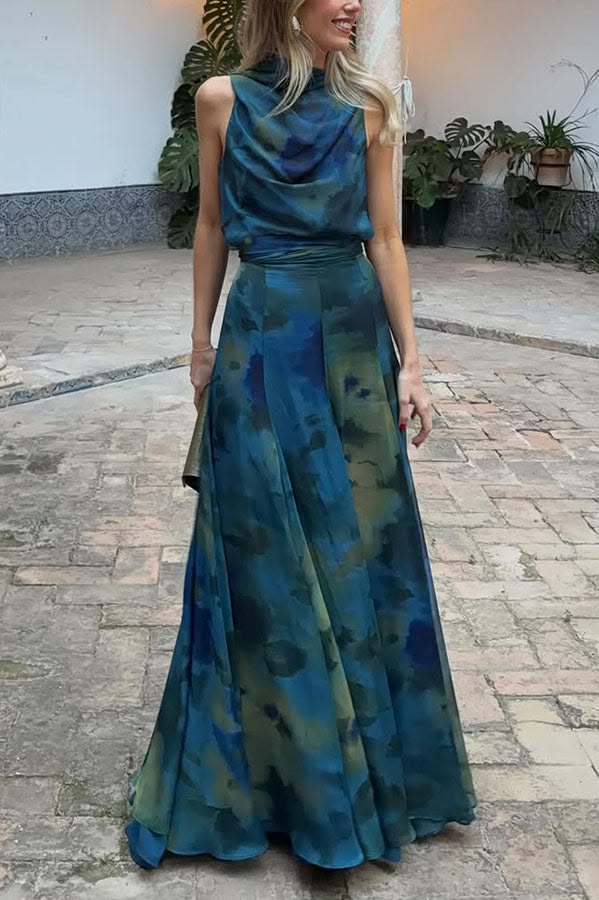 Ione Chiffon Ombre Print Cowl Neck Top And High Rise Maxi Skirt Set