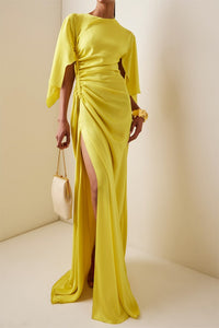 Satin Ruched Cape Sleeve Split Maxi Dress Yellow