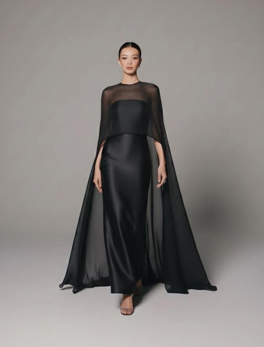 Black Silk Satin Strapless Gown With Sheer Cape Overlay Melia, Custom