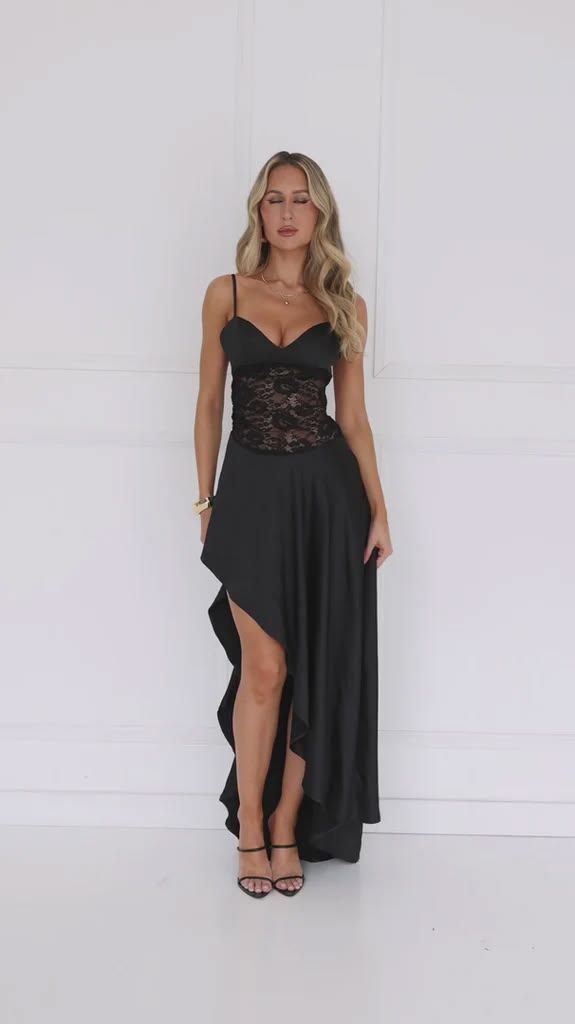Dusky Dazzle Lace Satin Maxi Dress Black