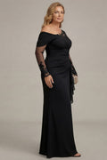 Women Plus Size Black Sheath Long Sleeves Mother Of The Bride Dress
