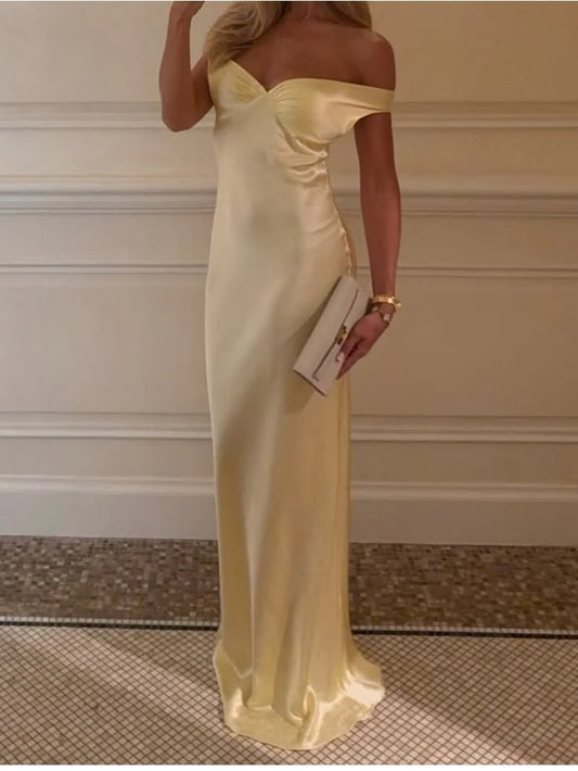 Off Shoulder Satin Gown in Pale Yellow