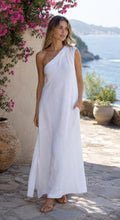 White Linen One Shoulder Maxi Dress, Summer Resort Boho Wedding Guest