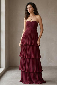 Strapless Tiered Pleated Maxi Dress, Off Shoulder Backless Summer Gown