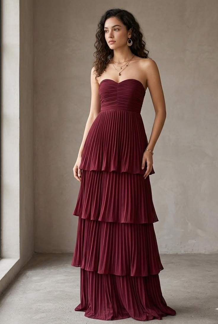 Strapless Tiered Pleated Maxi Dress, Off Shoulder Backless Summer Gown
