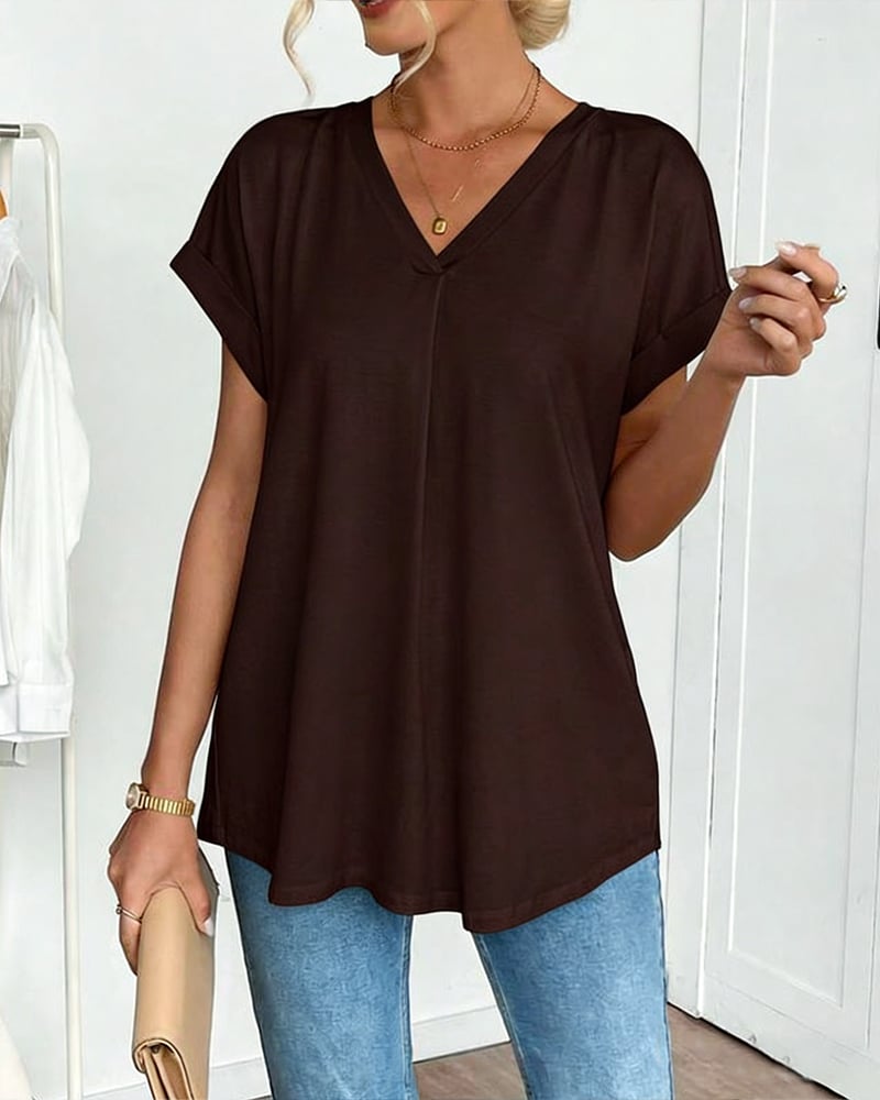 Saffron - Patchwork Back Slimming Cotton V-Neck T-Shirt