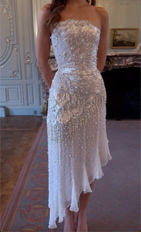 White Strapless Midi Dress With Pearl & Sequin Fan Embroidery