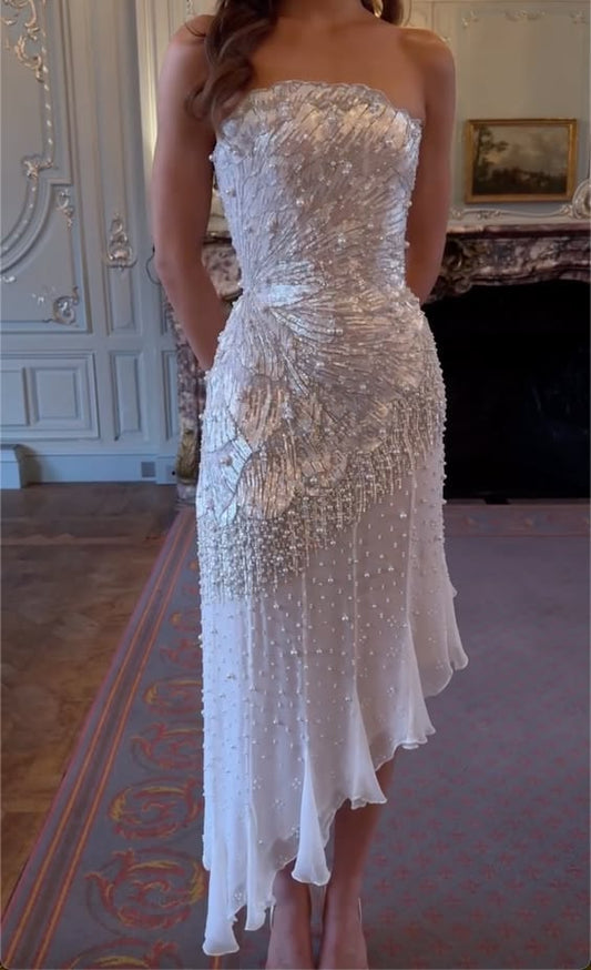 White Strapless Midi Dress With Pearl & Sequin Fan Embroidery