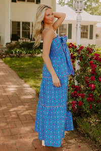 Botanic Bash Front Tie Maxi Dress L Ocean Blue