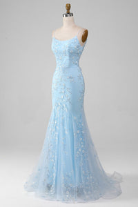 Sparkly Light Blue Beaded Mermaid Long Prom Dress Blue