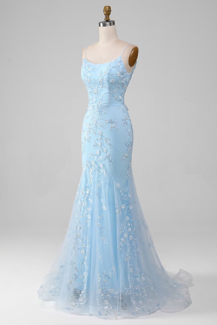 Sparkly Light Blue Beaded Mermaid Long Prom Dress Blue
