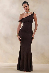 Afina Brown Lace Asymmetric Neck Maxi Dress