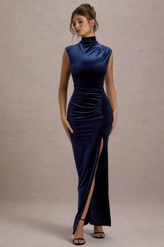 Abilene Navy Velvet High Neck Split Maxi Dress