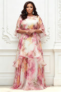Xpluswear Design Plus Size Formal Pink Floral Round Neck Short Sleeve