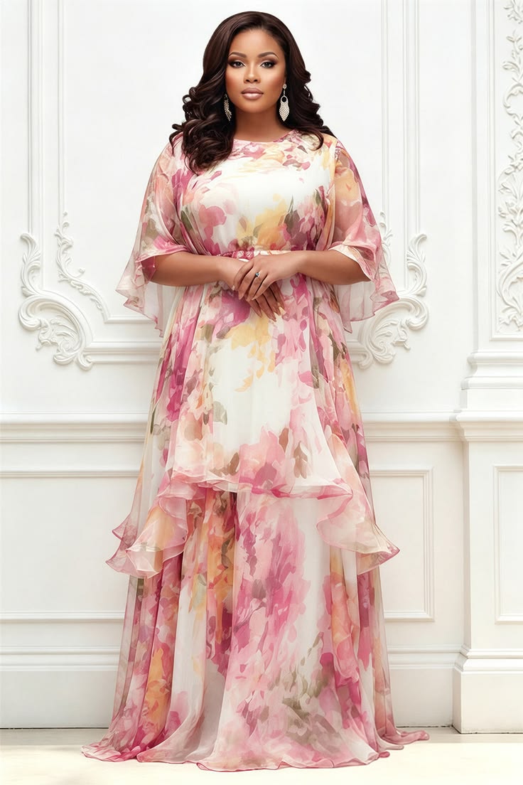 Xpluswear Design Plus Size Formal Pink Floral Round Neck Short Sleeve