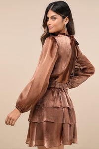 Ideal Behavior Bronze Metallic Backless Tiered Mini Dress