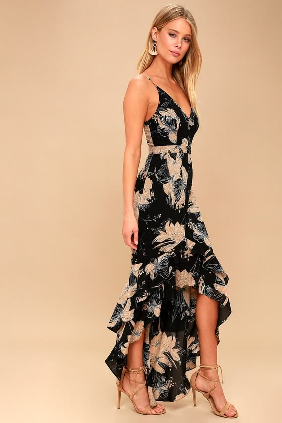 Darling Daylily Black Floral Print High Low Maxi Dress