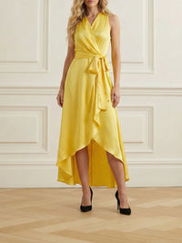 High-Low Loose Ruffle Trim Solid Color Tied Waist V-Neck Maxi Dresses