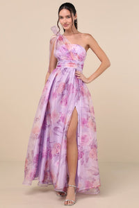 Dramatically Lovely Lavender Floral One Shoulder Maxi Dress