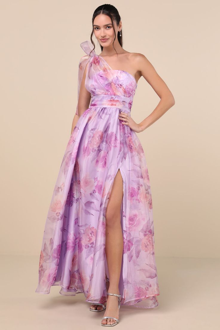 Dramatically Lovely Lavender Floral One Shoulder Maxi Dress
