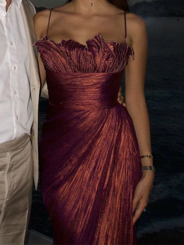 Elegant Spaghetti Strap Sleeveless Mermaid Satin Long Evening Prom