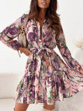 Ruffle Hem Floral Long Sleeve Dress Navy