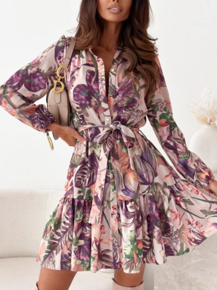 Ruffle Hem Floral Long Sleeve Dress Navy