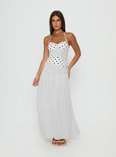 Marguerite Halter Maxi Dress White Polka Dot