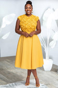 Xpluswear Design Plus Size Cocktail Party Yellow Round Neck 3D Pocket