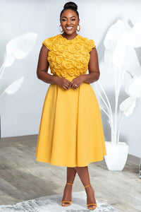 Xpluswear Design Plus Size Cocktail Party Yellow Round Neck 3D Pocket