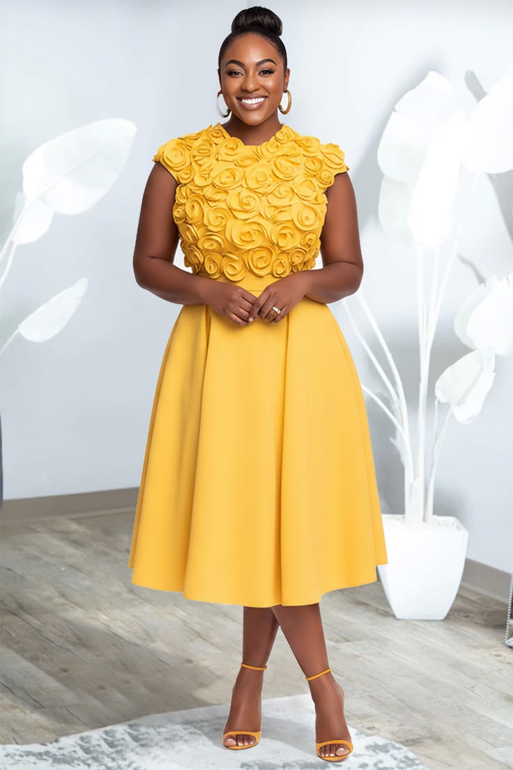 Xpluswear Design Plus Size Cocktail Party Yellow Round Neck 3D Pocket