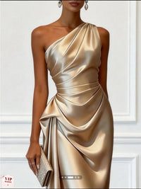 One Shoulder Satin Evening Dress In Champagne Color: Gold Size: 6