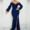 Elegant Off Shoulder Navy Dress Color: Blue Size: L