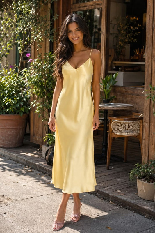 Yellow Satin Dress With Sleeveless Backless Design And Adjustable
