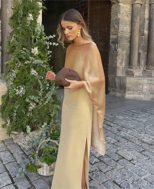 Terracotta Satin Slit Slip Dress With Sheer Tulle Wrap
