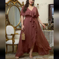 Dress Ruffle Wrap Chiffon Dress, Size 3x Color: Brown Size: Xxxl