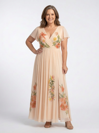 Ottie – V-Neck Short Sleeve Pleated Maxi Dress