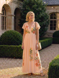 Ottie – V-Neck Short Sleeve Pleated Maxi Dress