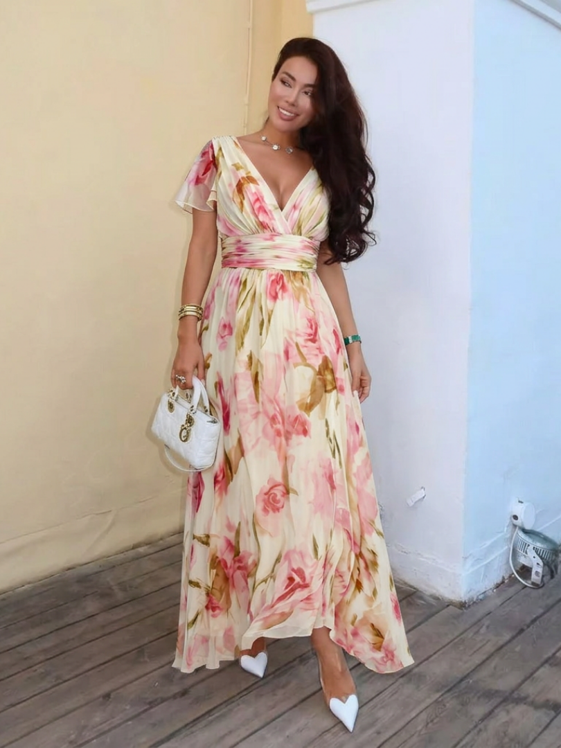Iris – V-Neck Short Sleeve Floral Maxi Dress