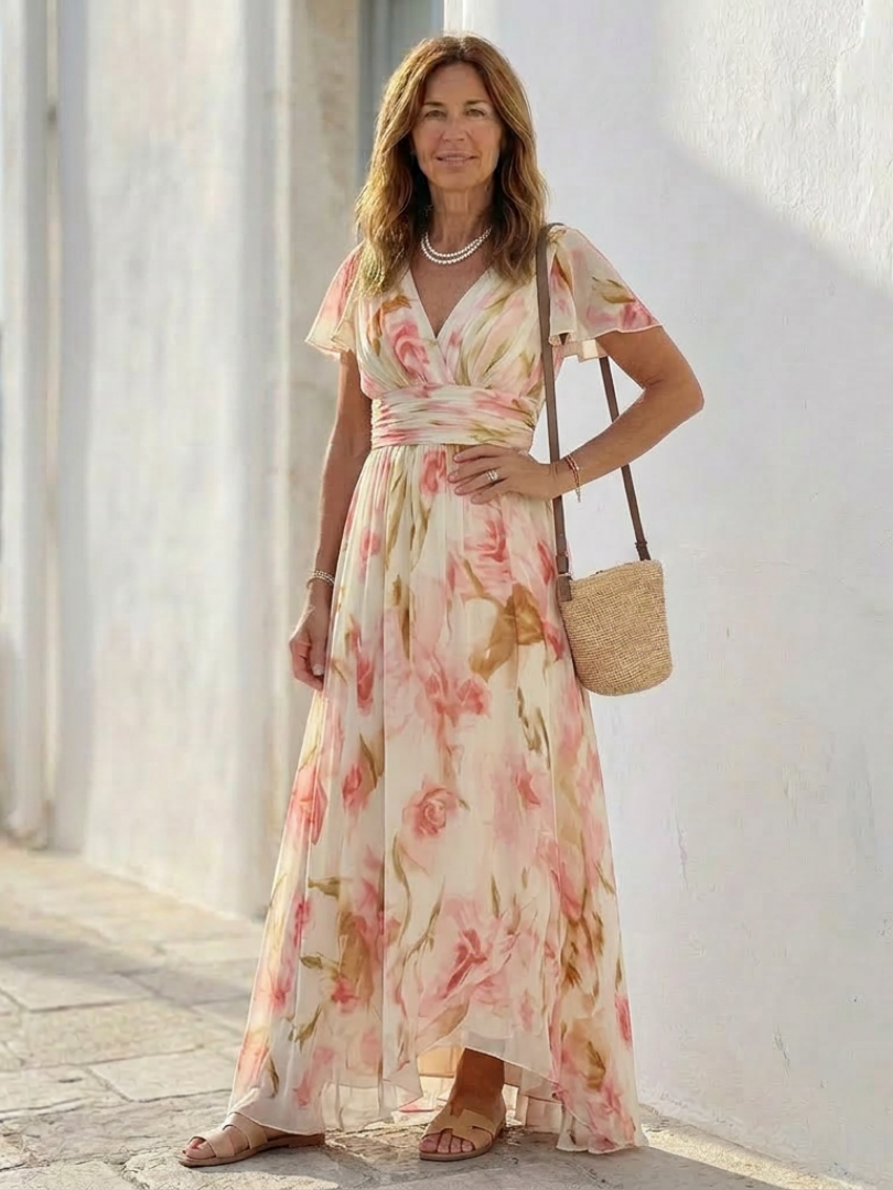 Iris – V-Neck Short Sleeve Floral Maxi Dress