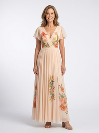 Ottie – V-Neck Short Sleeve Pleated Maxi Dress