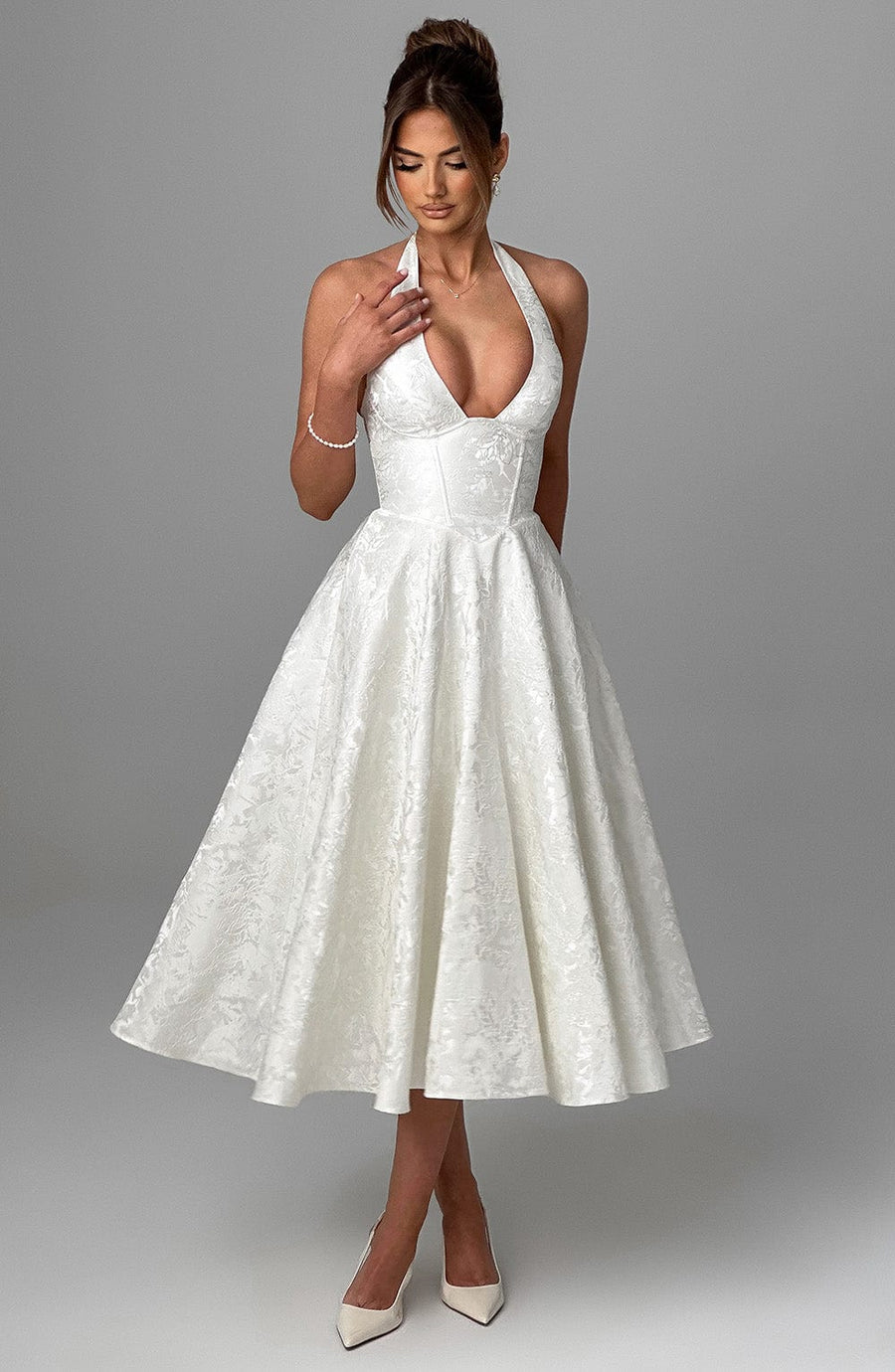 Kimberly | Womens Wedding Gues Dress Halter Midi Dress White