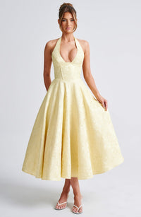 Kimberly | Womens Wedding Gues Dress Halter Midi Dress Yellow