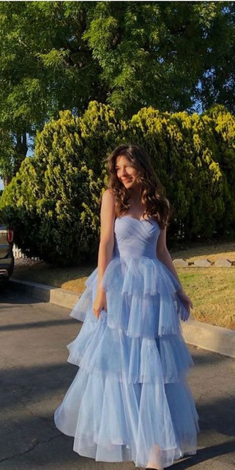 Elegant Blue Strapless Tulle Layered A Line Long Wedding Guest Dress